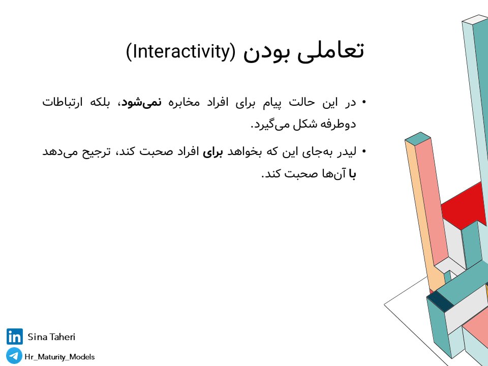 ویژگی گفت‌وگوی سازمانی خوب:
باید تعاملی باشد.
پیام برای افراد مخابره نمی‌شود بلکه گفت‌وگوی دو طرفه شکل می‌گیرد.
لیدر برای افراد صحبت نمی‌کند. بلکه با آن‌ها صحبت می‌کند.