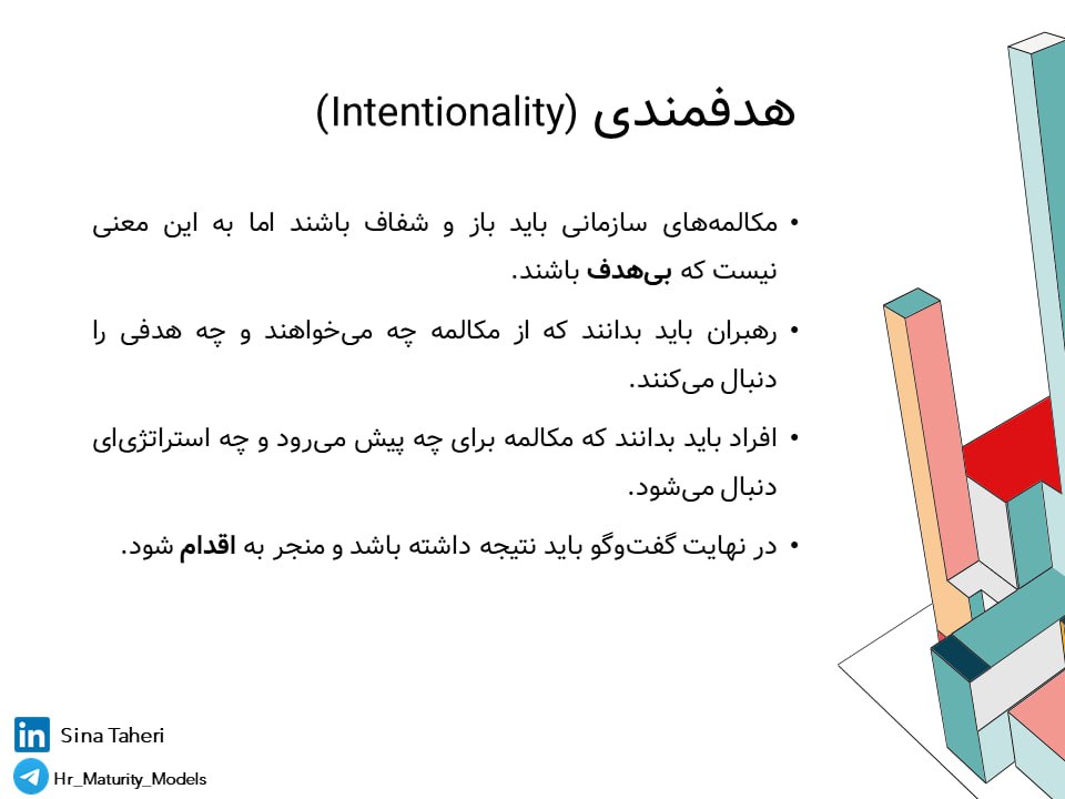 ویژگی گفت‌وگوی سازمانی خوب:

هدفمندی

مکالمه‌ها باز و شفاف هستند اما بی‌هدف نیستند.
رهبران از گفت‌وگو چه هدفی را دنبال می‌کنند.
گفت‌وگو باید نتیجه داشته باشد و منجر به اقدام شود.